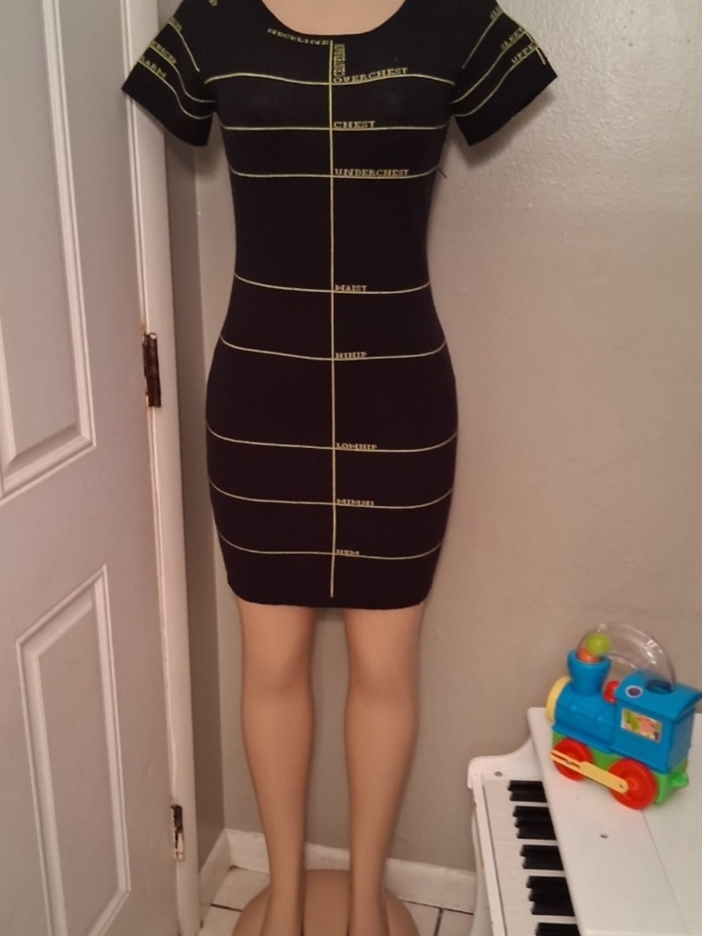 Black Short Sleeve Bodycon Dress with Yellow Stripe Detail